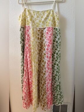 Anthropologie Floral Tie-Strap Midi Dress in Yellow, Pink, Brown & Green NWOT